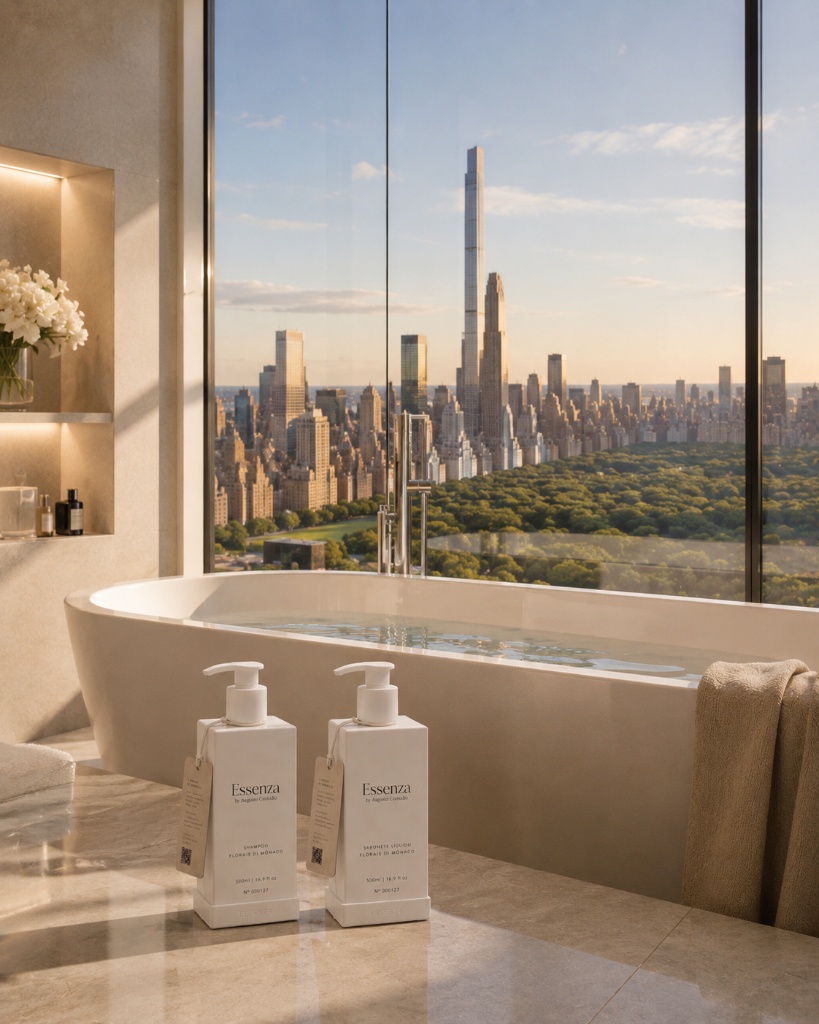 Produtos Essenza em banheiro de luxo com vista para Manhattan