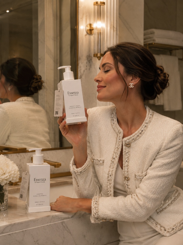 Mulher elegante com o sabonete líquido Essenza Florais di Mônaco em banheiro de luxo