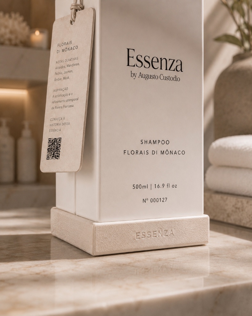 Frasco do Shampoo Florais di Mônaco em close-up com etiqueta de notas olfativas