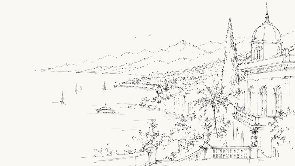 Ilustração arquitetônica da Riviera Francesa com vista para o Mediterrâneo